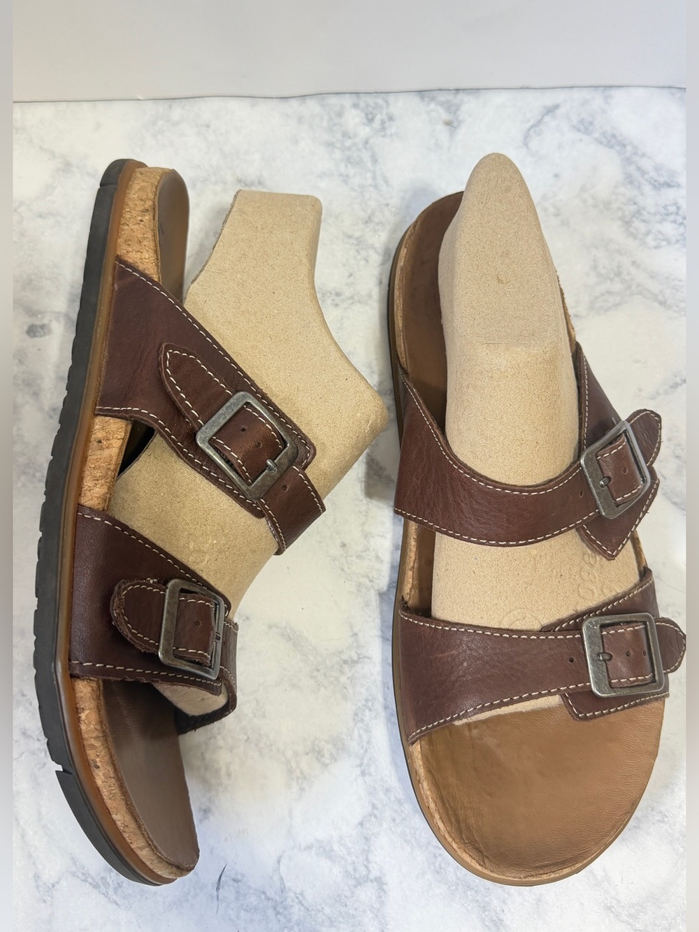 L.L. Bean Eco Comfort Women 11 Brown Leather Two Strap buckle Slide Sandals